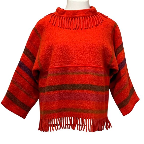 Lapp Lander Norwegian Striped Wool Blanket Pullover,  Fringe, Red S/M - Picture 1 of 9